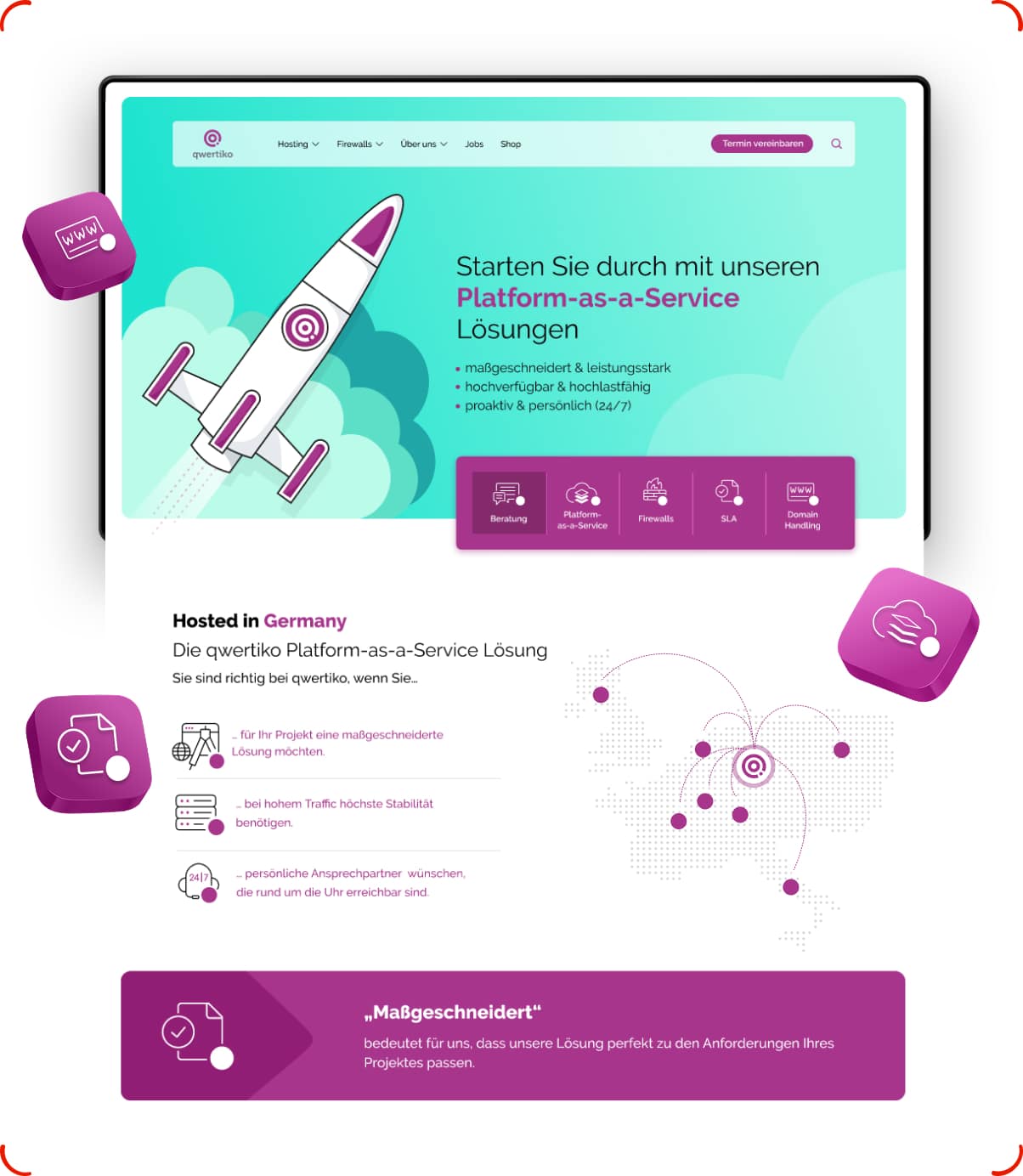 Tablet mit Website-Startseite, weiße Rakete aus Kunststoff mit lila Details auf blauem Hintergrund