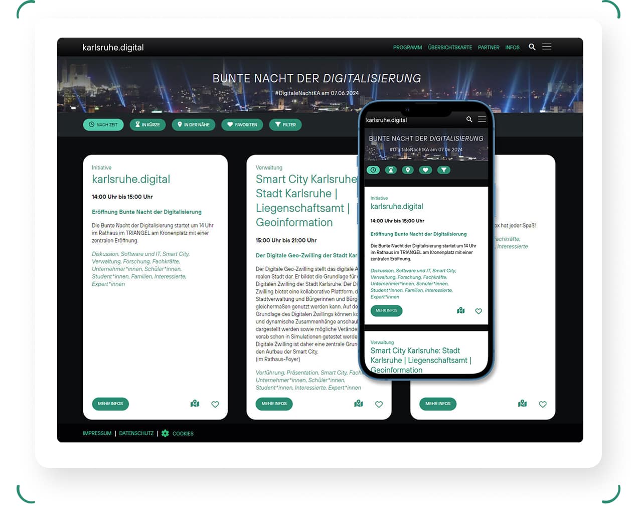 Webseite und Smartphone mit Veranstaltung zur digitalen Nacht in Karlsruhe, weiße und schwarze Benutzeroberfläche