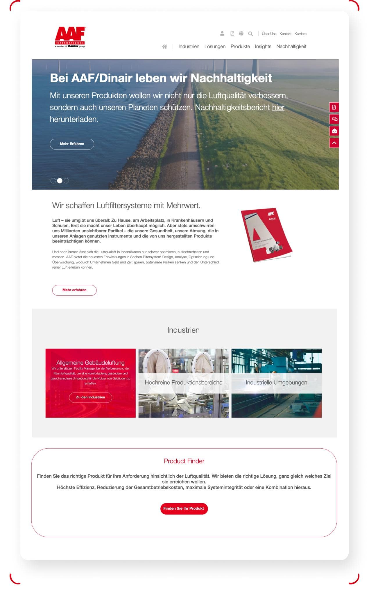 Webseite mit Luftfiltersystemen, Papierbroschüre aus Papier, rot-weißes Design