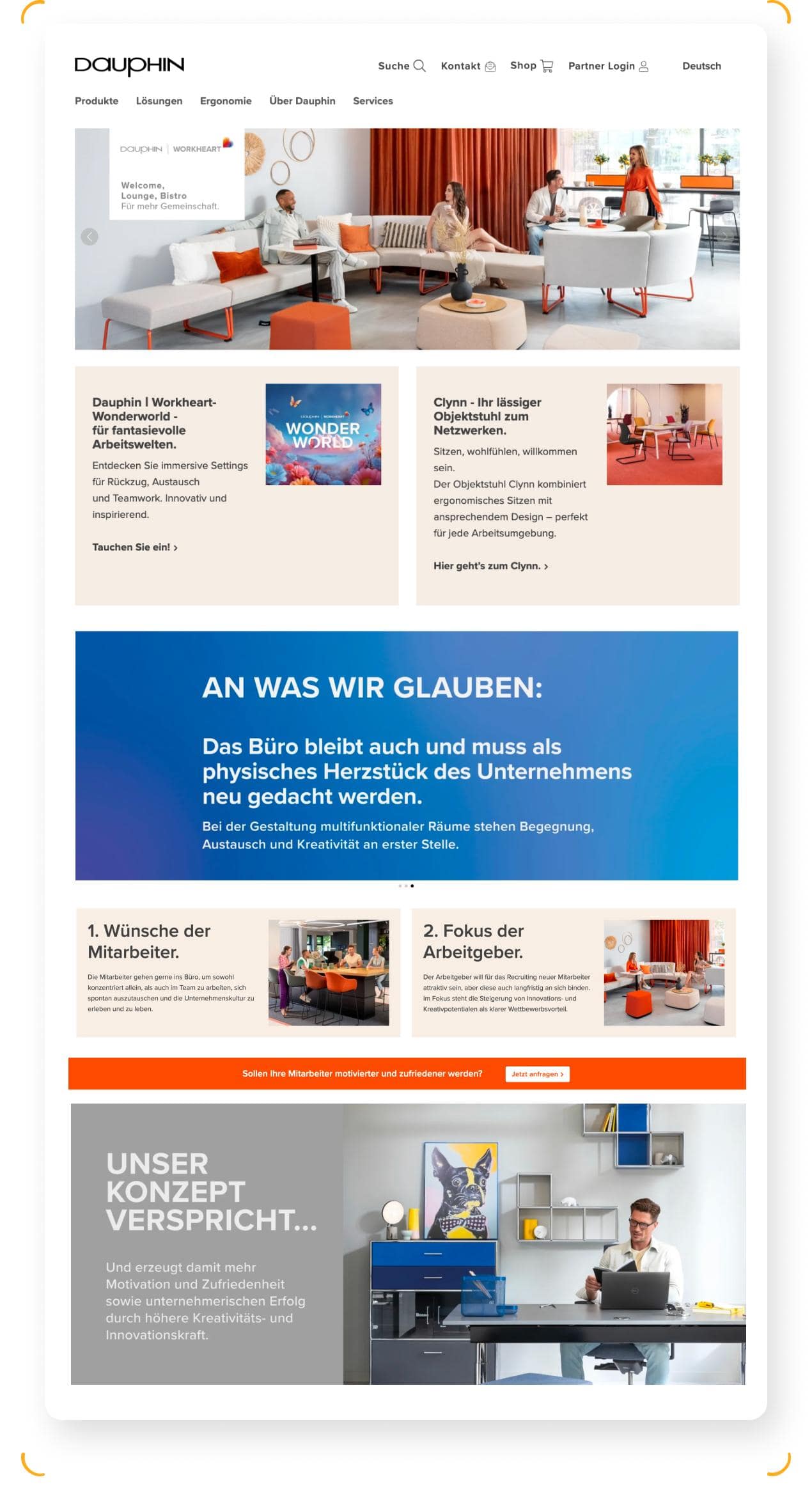 Moderne Lounge-Möbel aus Stoff mit Metallgestell in Weiß und Orange in einem Büro mit Vorhängen