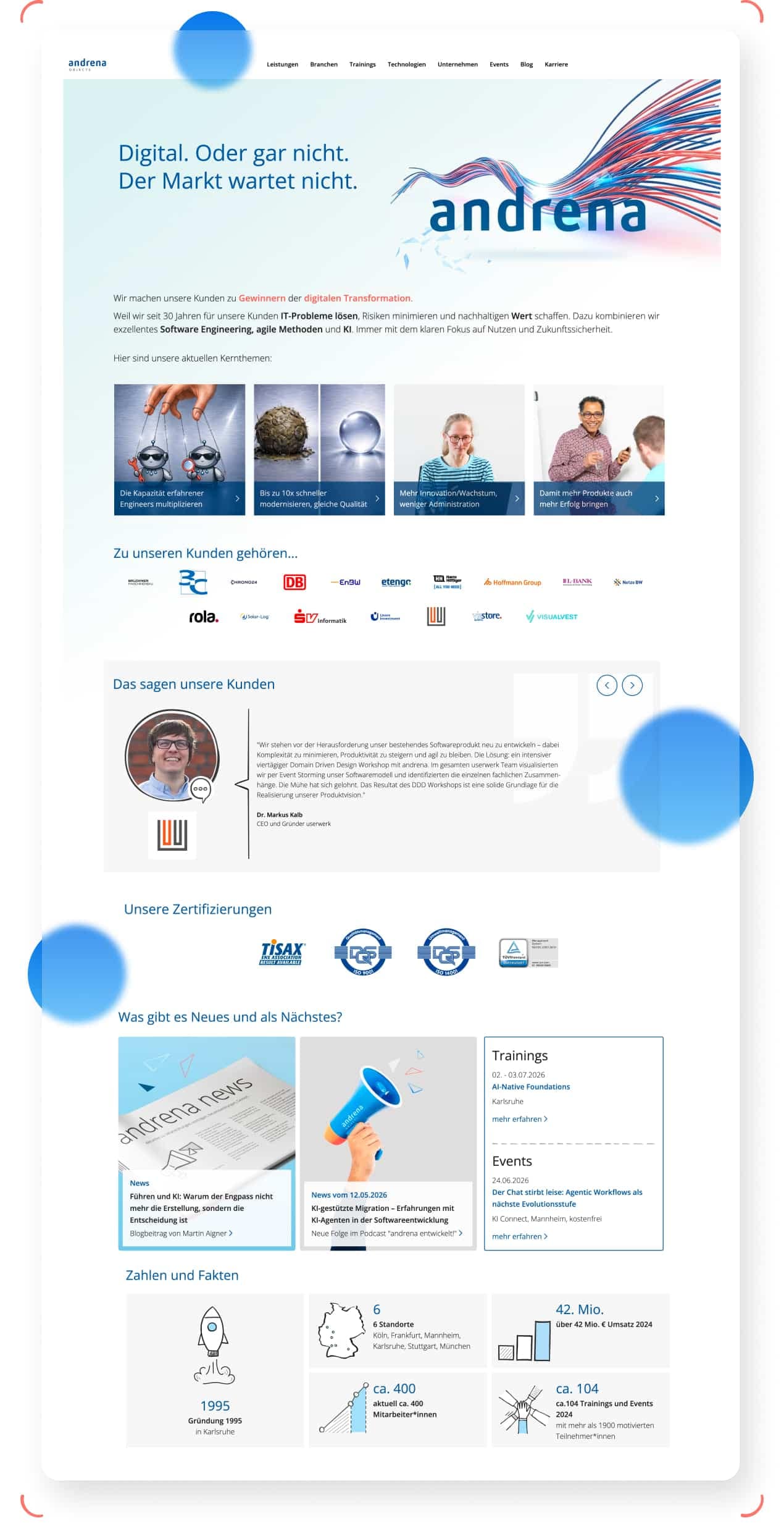 Webseite mit digitalem Logo aus roten und blauen Kabeln auf weißem Hintergrund