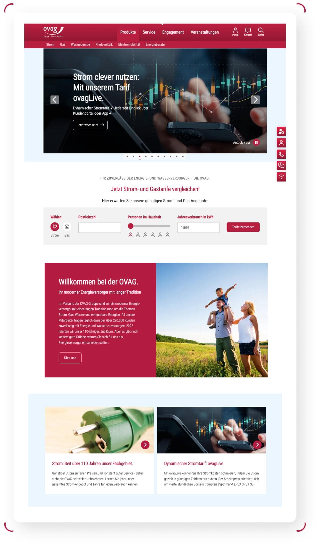 Webseite mit Smartphone aus Glas und Kunststoff, rotem Header und weißen Textfeldern