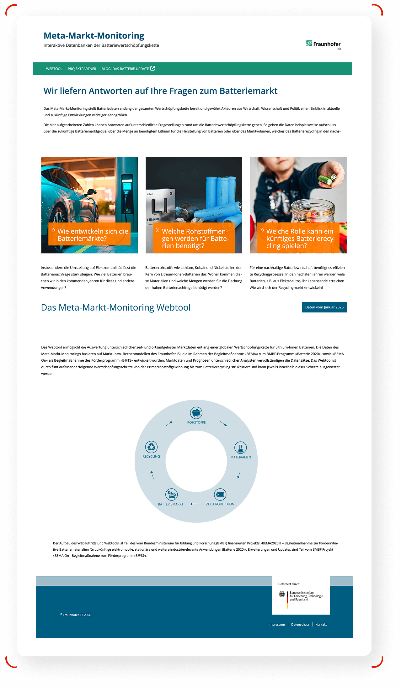 Webseite mit Informationen zum Batteriemarkt, Lithium-Ionen-Batterien und Recycling, Text auf weißem Hintergrund