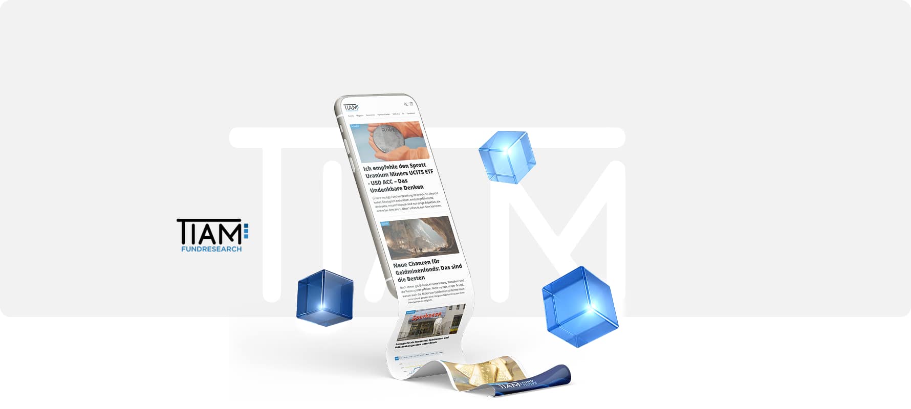 Smartphone mit langem, gebogenem Display aus Glas, umgeben von transparent-blauen Würfeln