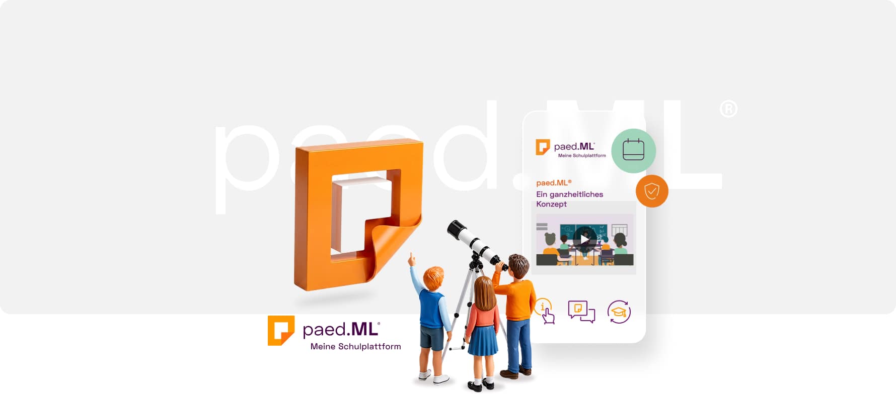 Drei Figuren mit Teleskop aus Kunststoff vor orangefarbenem paed.ML Logo und digitaler Schulplattform