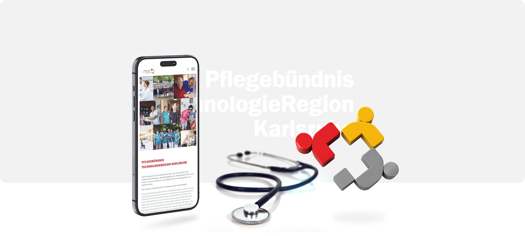 Smartphone aus Metall mit Pflege-Website, Stethoskop aus Metall und bunte Figuren aus Kunststoff