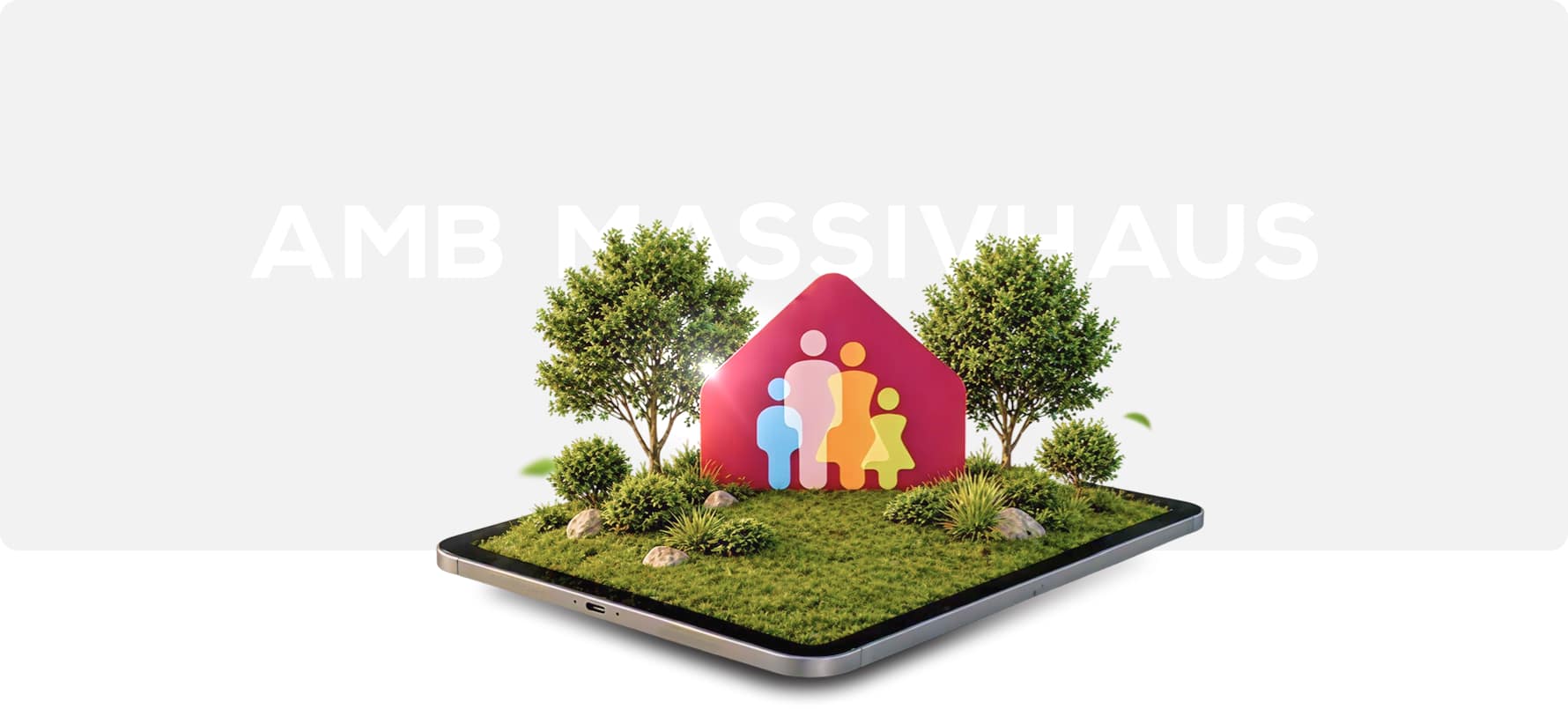 Tablet mit digitaler grüner Landschaft, Bäumen und rotem Haus mit bunten Familienfiguren