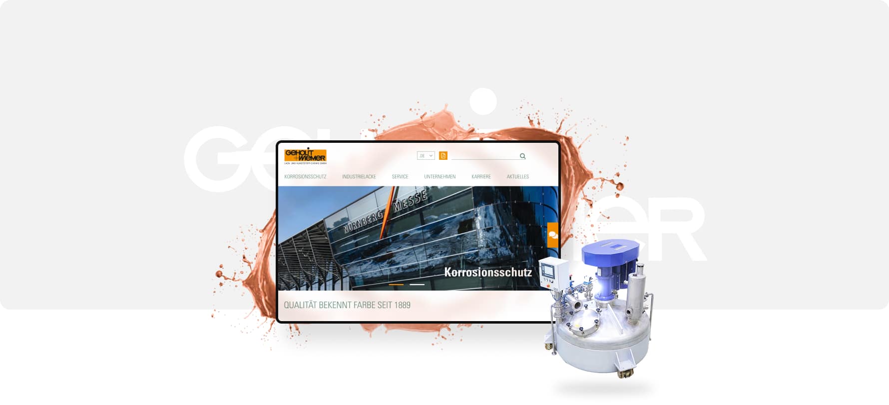 Industrielle Edelstahlmaschine mit blauem Motor vor digitaler Anzeige und braunem Farbspritzer