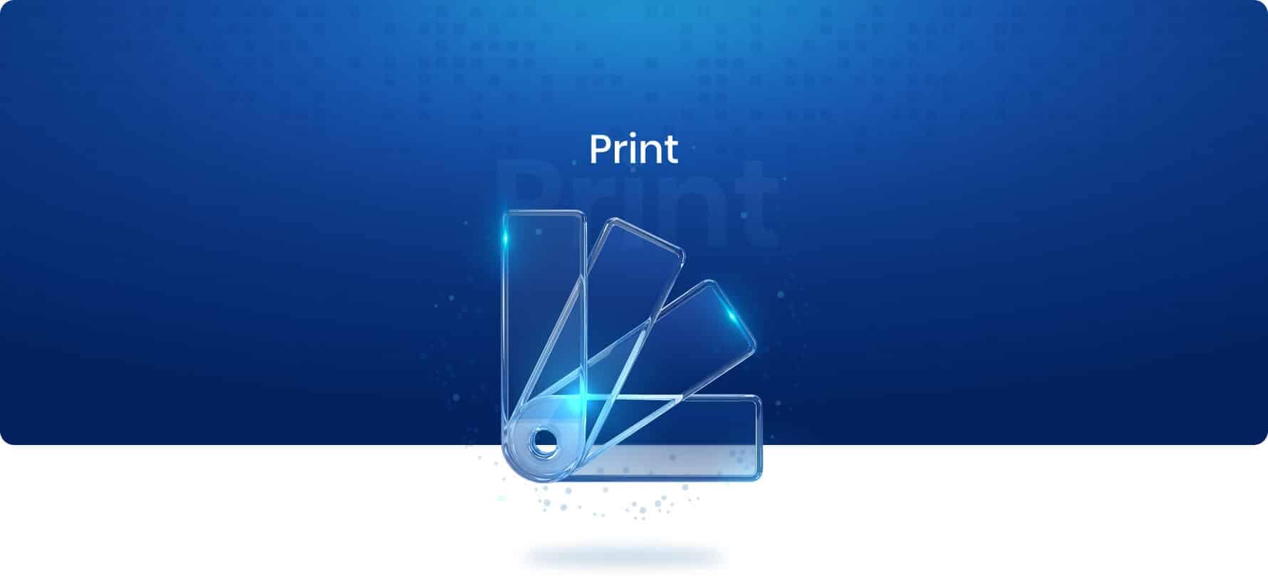 Transparente Kunststoffmusterfächer vor blauem Hintergrund mit dem Wort Print