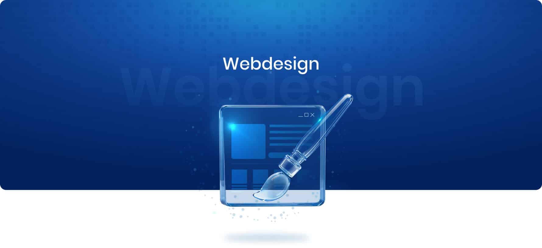Transparentes Webdesign-Symbol aus Glas mit Pinsel auf blauem Hintergrund