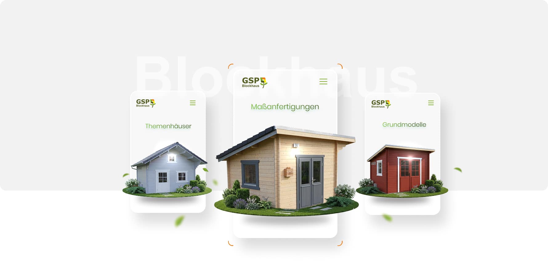 Drei Holzblockhäuser in verschiedenen Designs aus Holz mit grauen und roten Farben