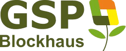 Logo von GSP Blockhaus mit grünem und orangefarbenem Blatt und Schriftzug