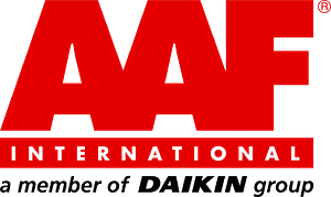 Logo von AAF International aus rotem Kunststoff mit schwarzer Schrift darunter