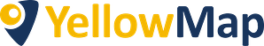 Logo von YellowMap mit gelbem und blauem Schriftzug und blauem Standort-Symbol aus Vektorgraphik