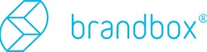 Blaues Brandbox-Logo mit geometrischem Symbol aus Linien auf weißem Hintergrund