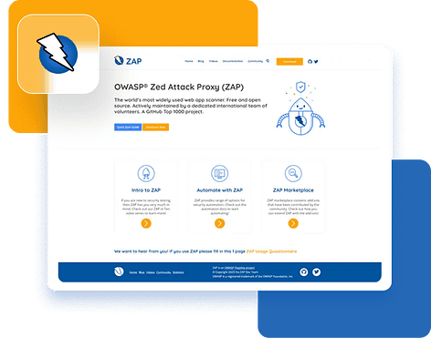 Screenshot der OWASP Zed Attack Proxy Webseite mit blauem und weißem Design und orangefarbenen Akzenten