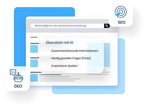 Illustration einer Suchmaschinenseite aus digitalem Material in Blau und Weiß mit SEO- und GEO-Symbolen