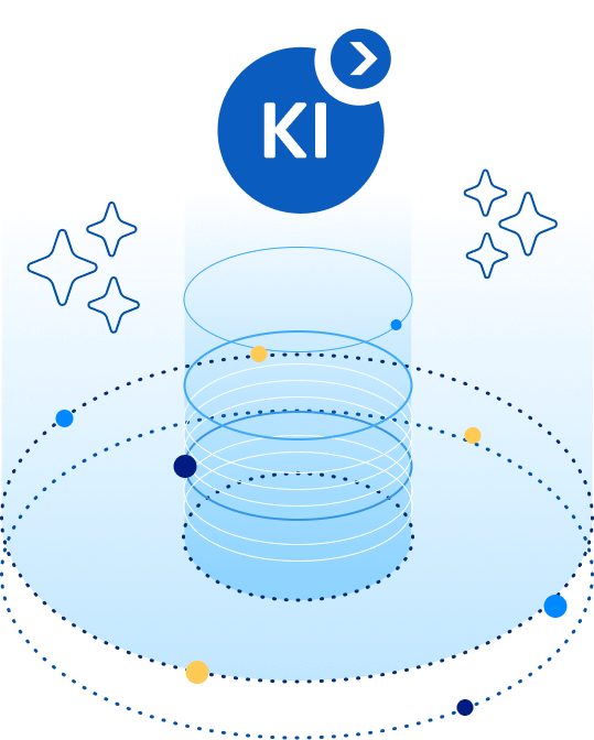 Abstrakte Darstellung eines blauen KI-Symbols über weißen, kreisförmigen Linien auf blauem Hintergrund