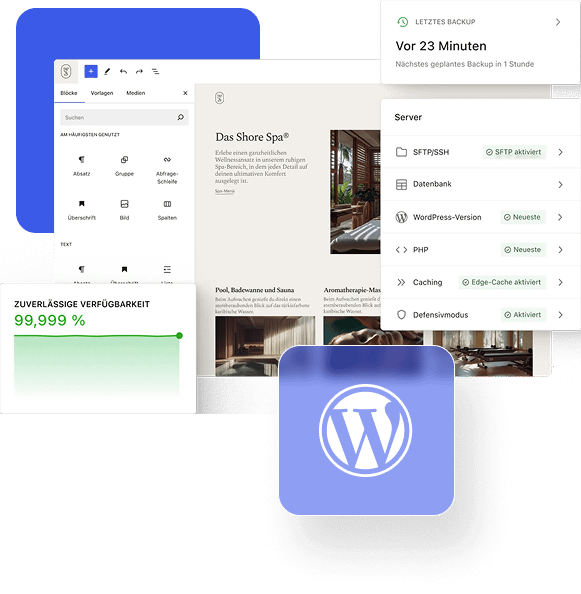 WordPress-Interface mit blauen und weißen Bedienfeldern, grauem Text und grünen Aktivierungsanzeigen