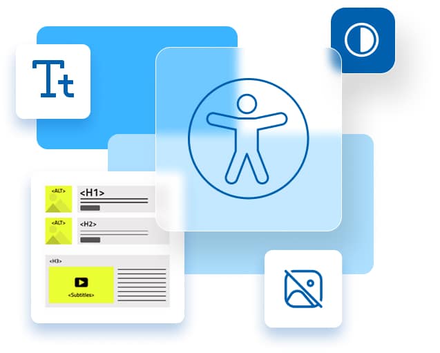 Symbole für Barrierefreiheit, Text, Untertitel und Kontrasteinstellungen in blauen und weißen digitalen Icons