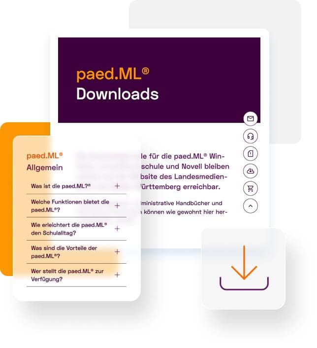 Bildschirm mit paed.ML Download-Seite aus digitalem Interface aus Glas in lila und orange