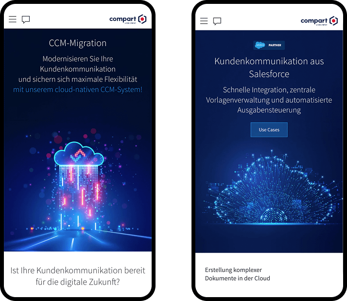 Zwei Smartphone-Bildschirme mit digitalen Cloud-Symbolen aus leuchtenden blauen und roten Pixeln auf dunklem Hintergrund