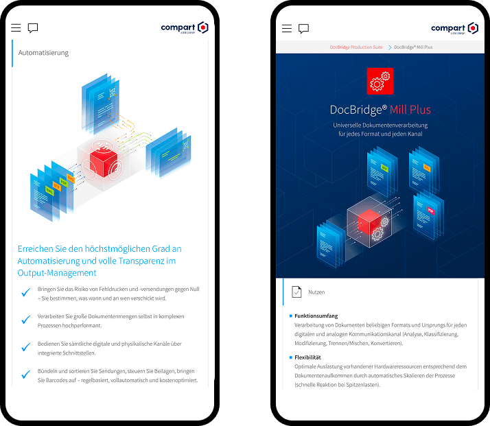 Zwei digitale Screens mit blauen Dokumenten und rotem Würfel aus transparentem Material