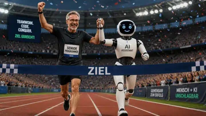 Mann und humanoider Roboter aus Kunststoff erreichen gemeinsam Ziellinie im Stadion