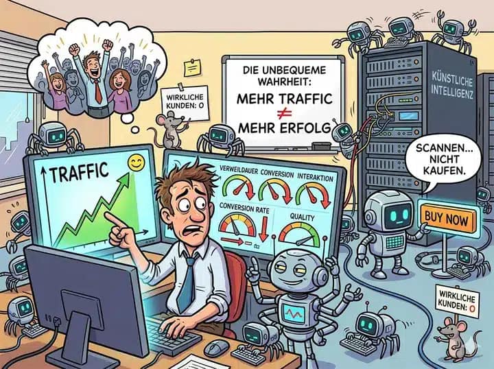 Mann am Schreibtisch mit Computern und Robotern aus Metall in buntem Büro mit Server und Diagrammen