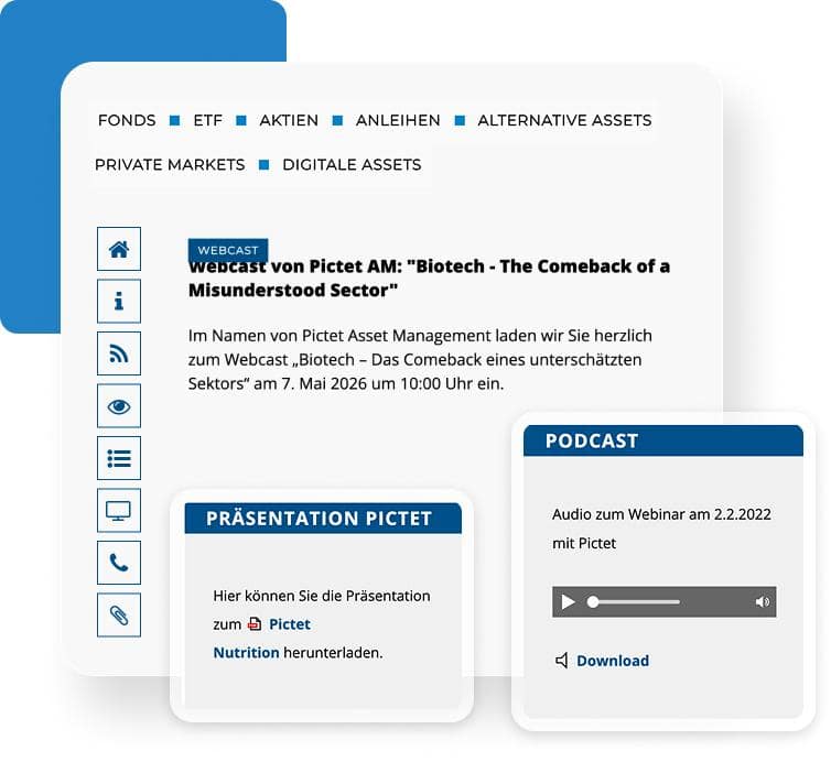 Webseite mit Finanzmenü, Präsentations- und Podcast-Boxen, weiße und blaue Gestaltung