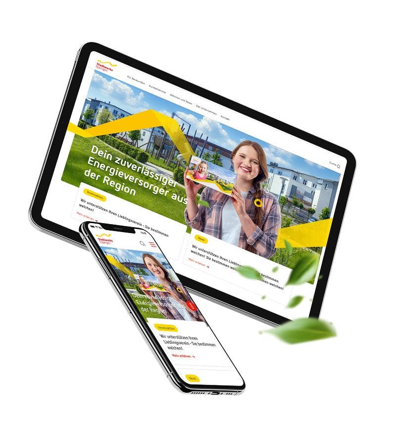 Tablet und Smartphone aus Metall mit Webseite, die eine lächelnde Frau und gelbe Designelemente zeigt