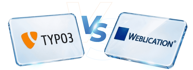 Zwei transparente Acrylschilder mit TYPO3 und Weblication Logos in Orange und Blau