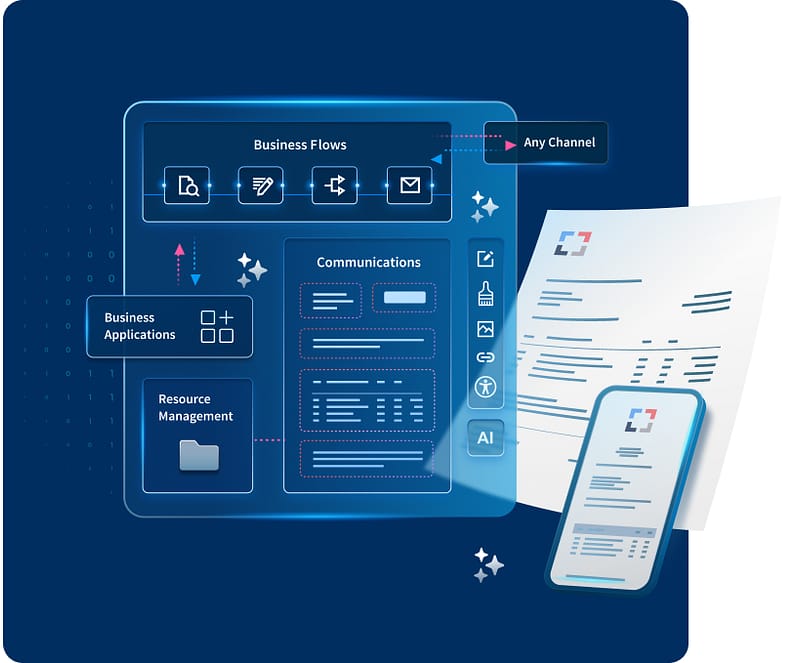 Digitale Benutzeroberfläche mit Geschäftsabläufen, Kommunikation, Ressourcenmanagement aus blauem Material und Papierdokum…
