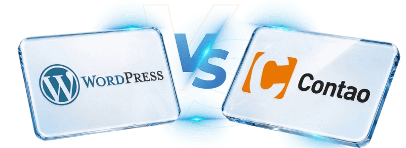 Zwei transparente Glasblöcke mit WordPress- und Contao-Logos aus Kunststoff in Blau und Orange
