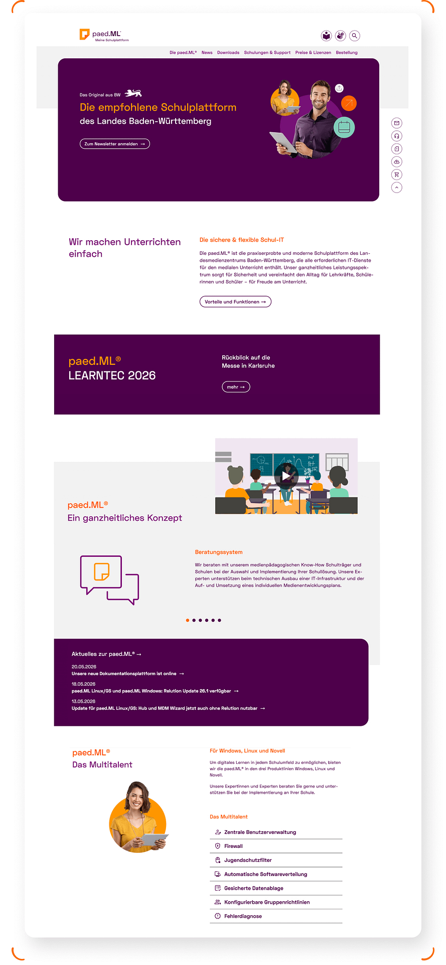 Webseite mit digitaler Schulplattform, Bildschirm aus Kunststoff, lila und orange Farben